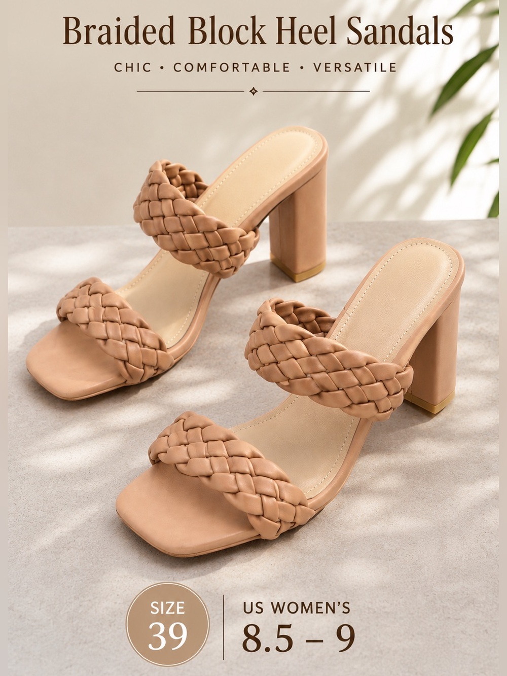 Braided Block Heel Mule Sandals Tan Square Toe Size 39 US 8.5